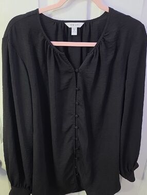 Nine West Black Button-Front Peasant Blouse